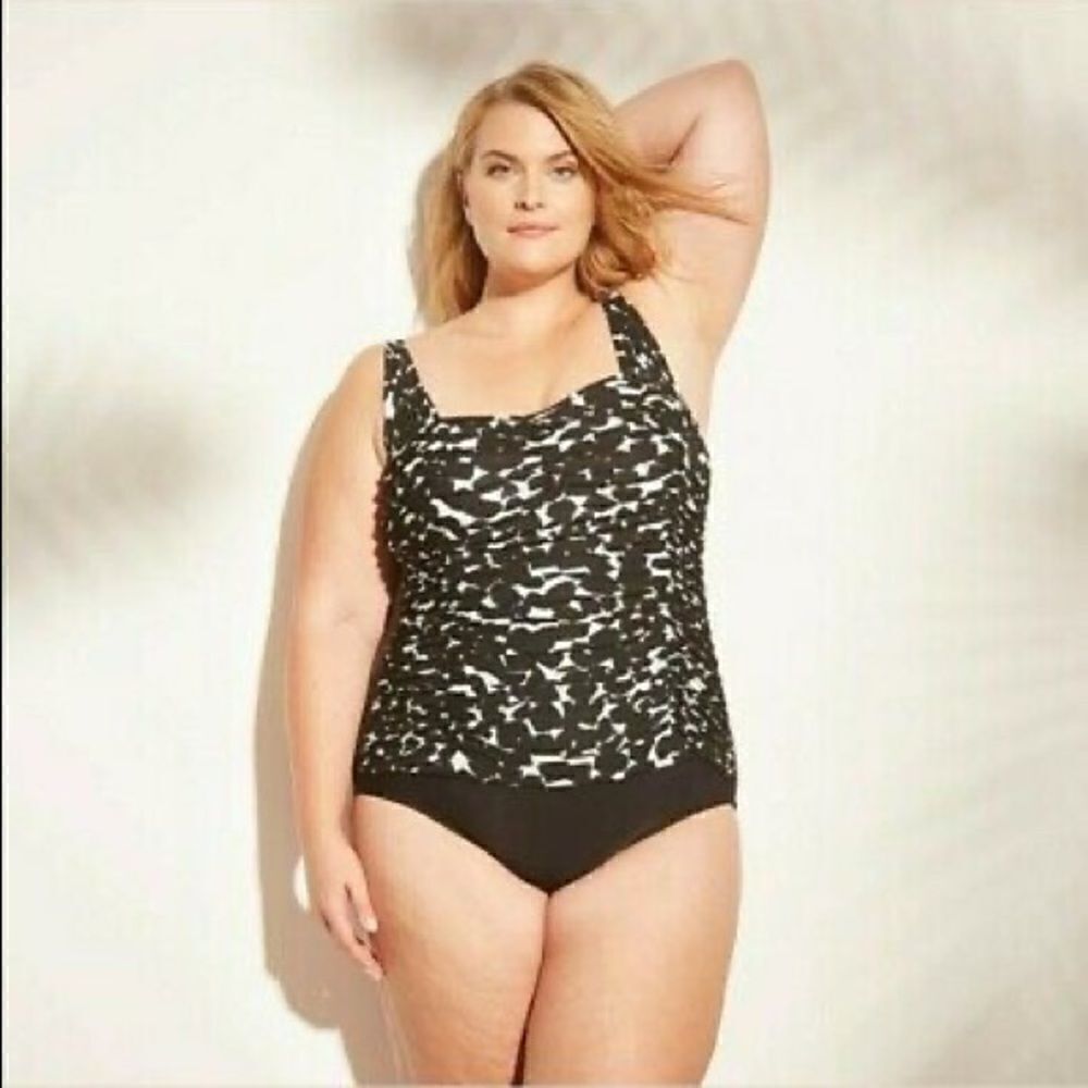 Aqua Green Black & White Floral Ruched Swimsuit